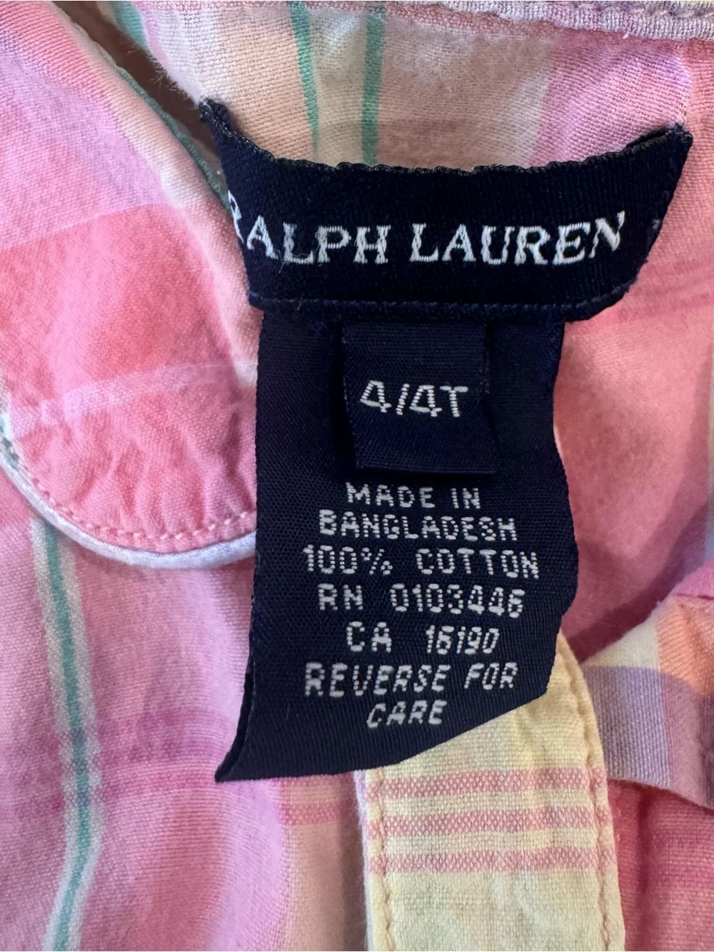 Ralph Lauren Girls 4T Madras Plaid Cotton Shirtdress Pastel Pony Tie Waist